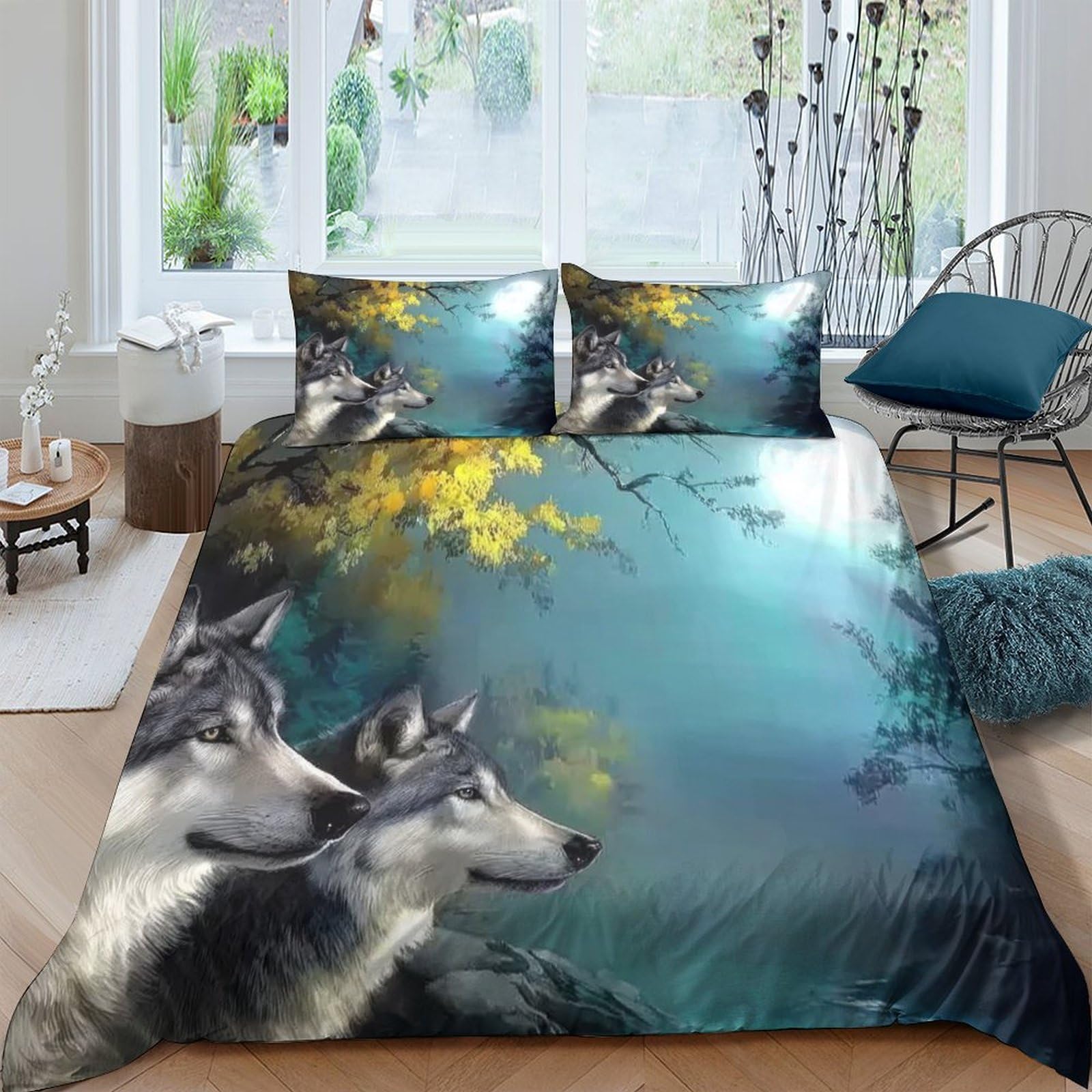 Ctjqhvkz Style-9 3D Printed Forest Wolf Fitted Sheet Microfiber Soft Breathable Misty Lake Bed Cover For Bedroom Guest Room Decor Single（135X200cm）
