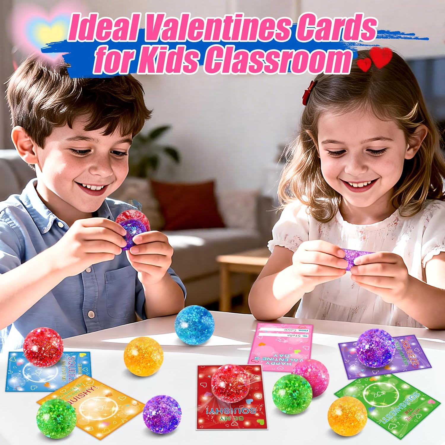 Valentine's Day Cards for Kids, 24 Pack Valentines Day Cards with Squeeze Balls, Stretchy Toy for School Classroom Valentine's Gifts Exchange, Valentines' Party Favor Prizes for Boys Girls