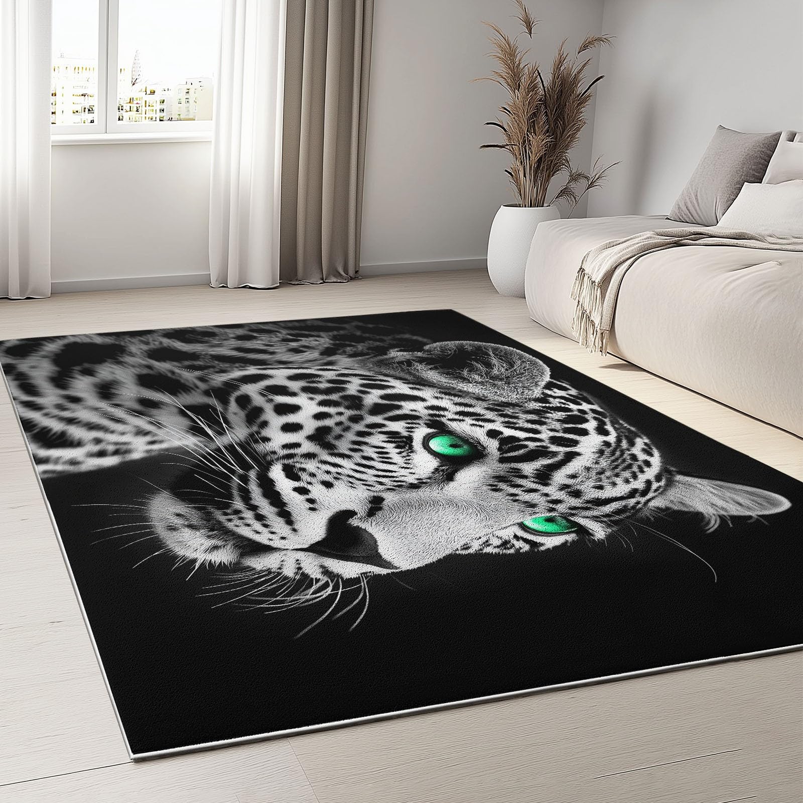 Tapis léopard noir 140x200 cm lavable à pile courte et douce pour salon et chambre