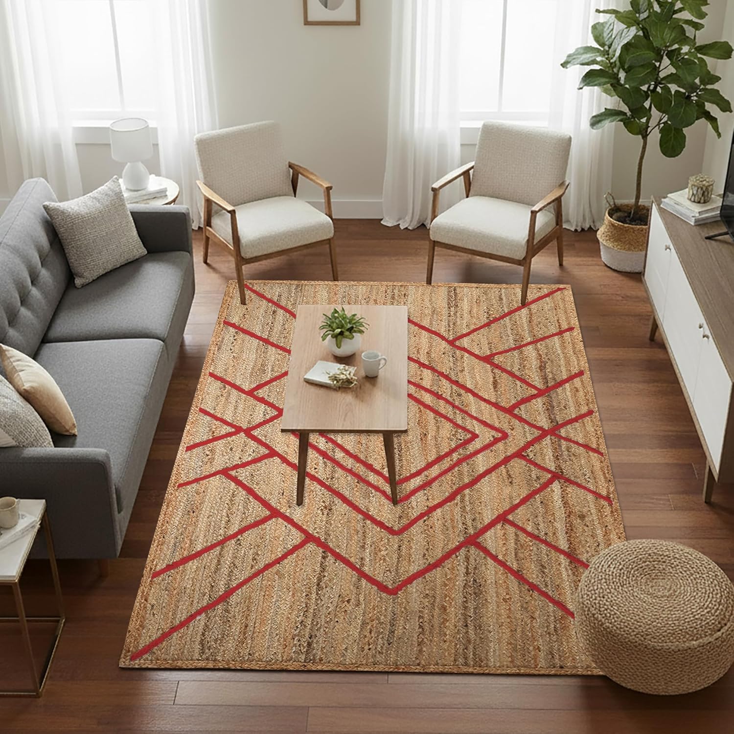 Hand Braided Jute 12x15 Kilim Flatweave Rug Thick 0.27" Red Geometric Diamond Pattern Rugs for Living Room Bedroom Dining Table Decorative Floor Home Decor Carpet