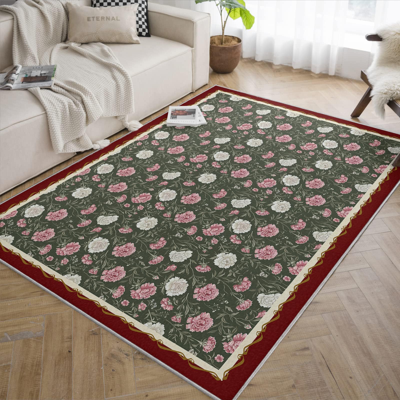 Zmywalne dywaniki do salonu różowe i białe wzory goździków miękki antypoślizgowy kwiatowy dywan boho do jadalni 180 x 270 cm
