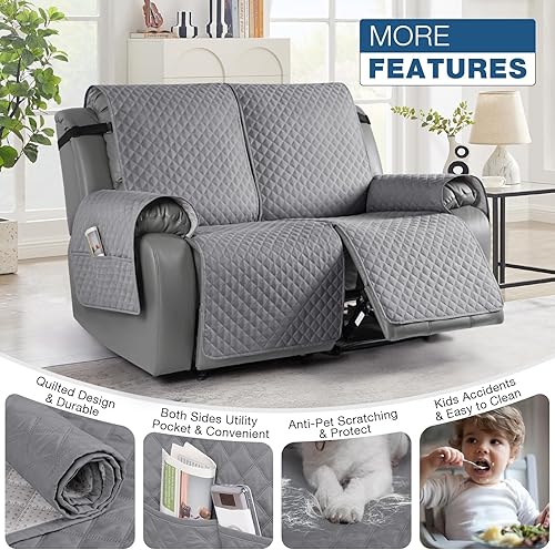 Miniatura 4 de TAOCOCO Funda reclinable para sofá biplaza, funda antideslizante para mascotas, para sofá biplaza reclinable con correas elásticas, funda lavable y