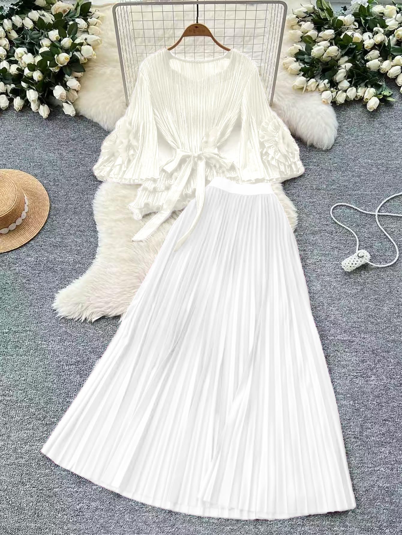 Completo Estivo da Donna a Due Pezzi: Blusa con Maniche a Balza e Gonna Lunga Pieghettata – Set Asimmetrico Pieghettato per Feste e Matrimoni