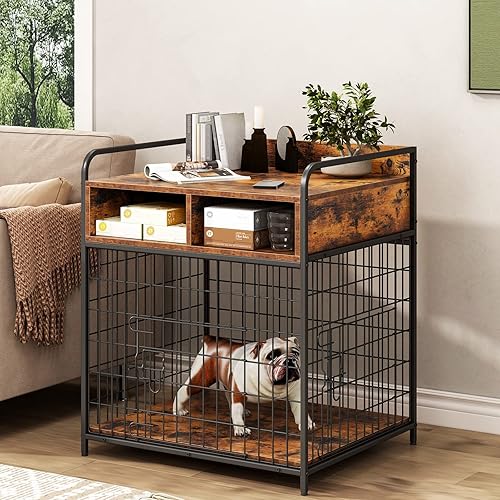 Miniatura 7 de Saudism Muebles de jaula para perros pequeños perrera para cachorros en interiores mesa de jaula de madera con cajones de almacenamiento jaula de