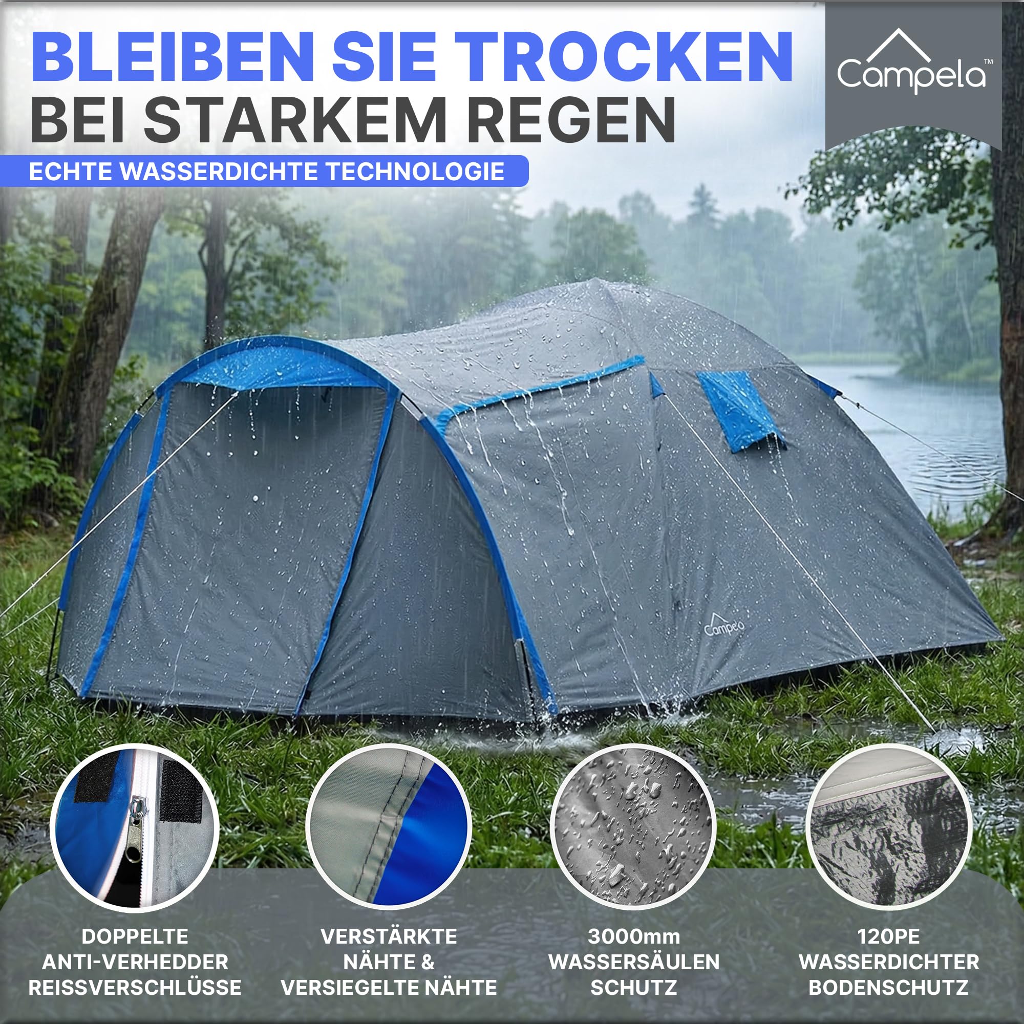 Touristenzelt, Familienzelt, Tropical, für 3-4 Personen, wasserdicht 3000m, geklebte Nähte, CA0013