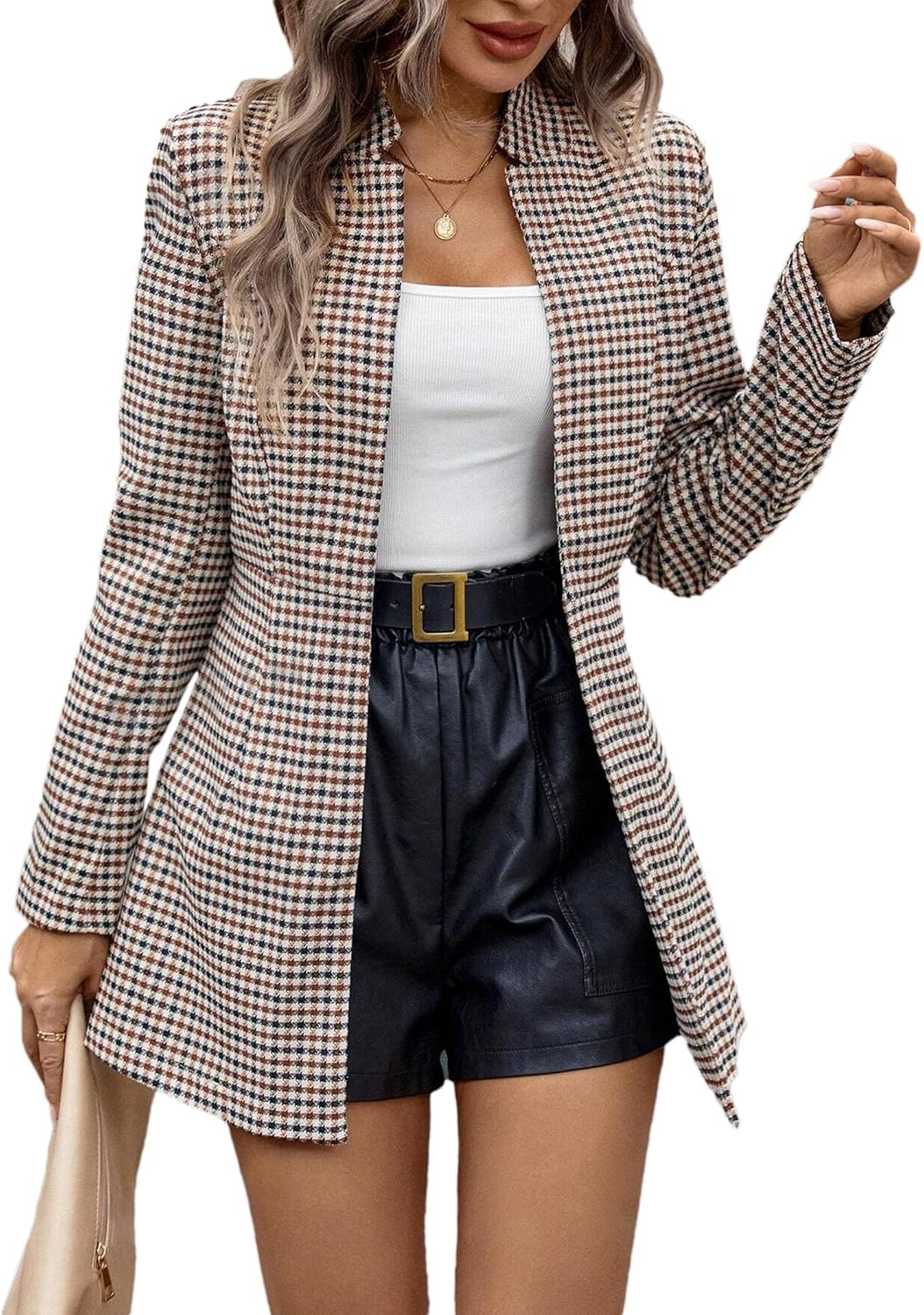 Mina Self 2026 Spring Plaid Women’s Long Blazer Jackets - Houndstooth Open Front Notched Lapel Office Casual Clothing - Image 2