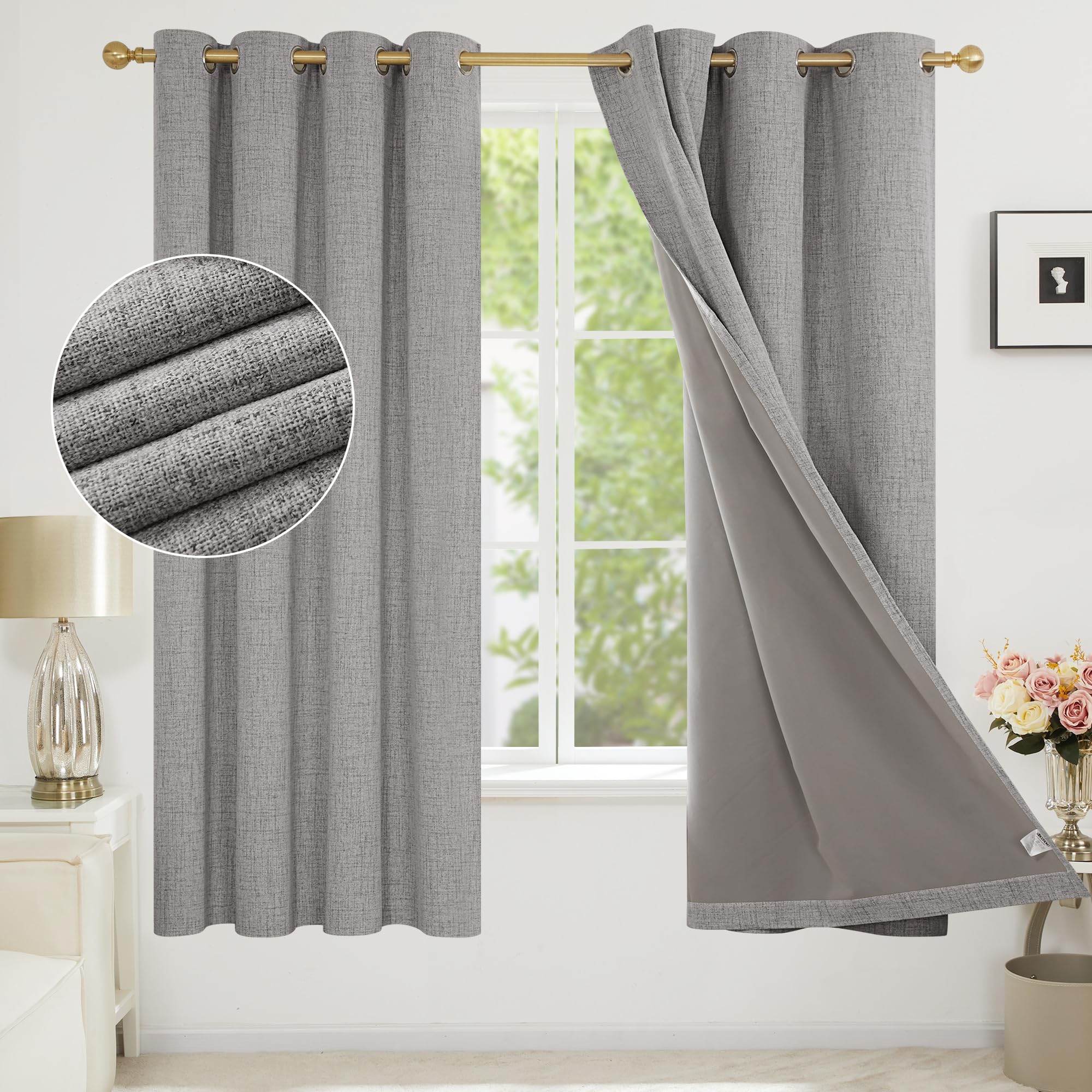 Deconovo Faux Linen 100% Blackout Curtains Eyelet Thermal Curtains fot Living room with Energy Saving Coating, Light Grey, W66 x L72 One Pair
