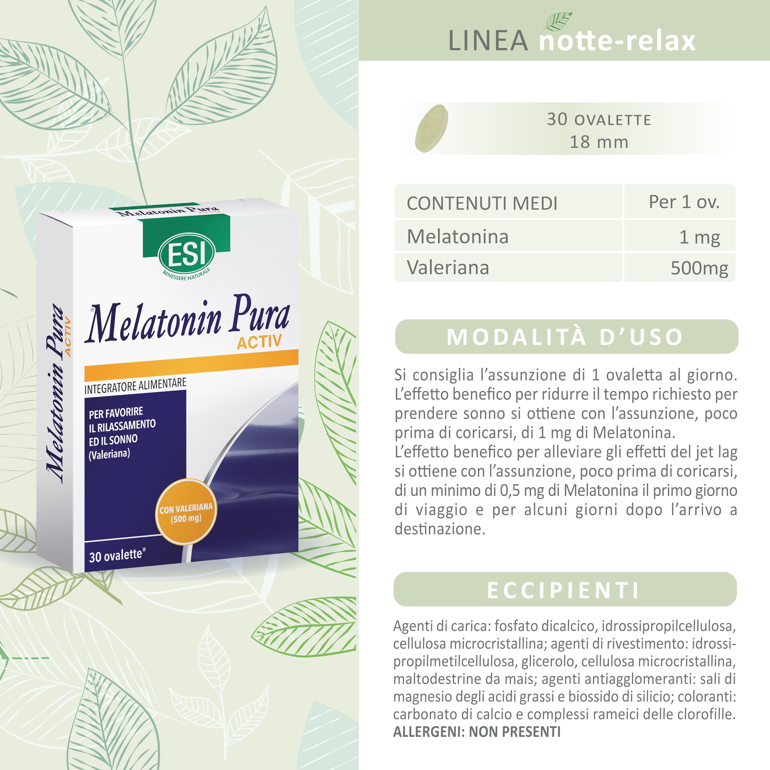 ESI - Melatonin Pura Activ, Integratore Alimentare in Ovalette a base di Melatonina e Valeriana, Favorisce il Sonno e Contrasta lo Stress, Senza Glutine e Vegan, 30 Ovalette