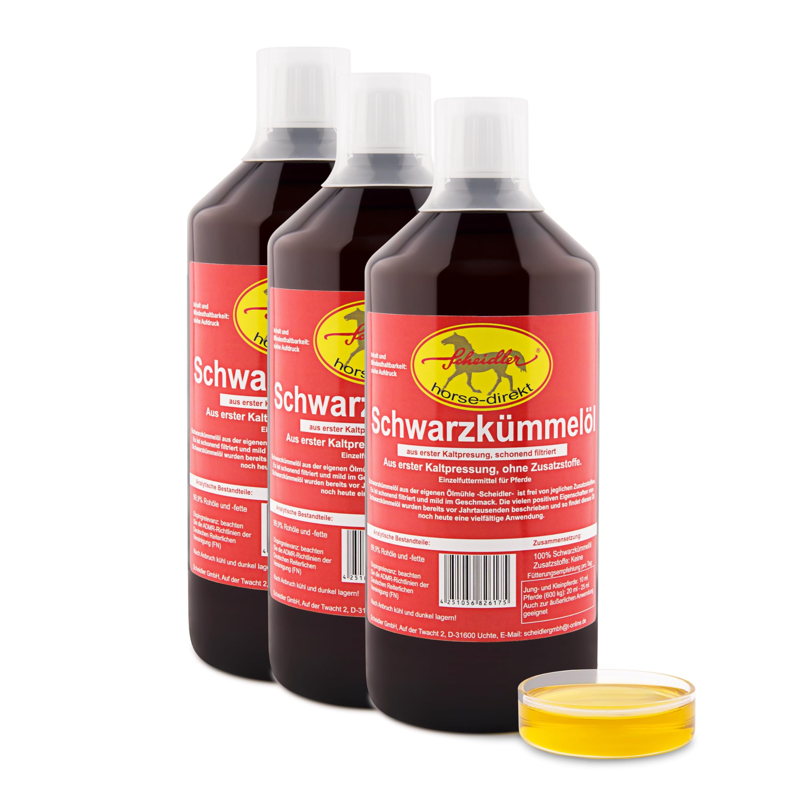 Scheidler horse-direkt Premium 3 x 1 L Schwarzkümmelöl für Pferde und Hunde Kaltgepresst – Aus Eigener Pressung