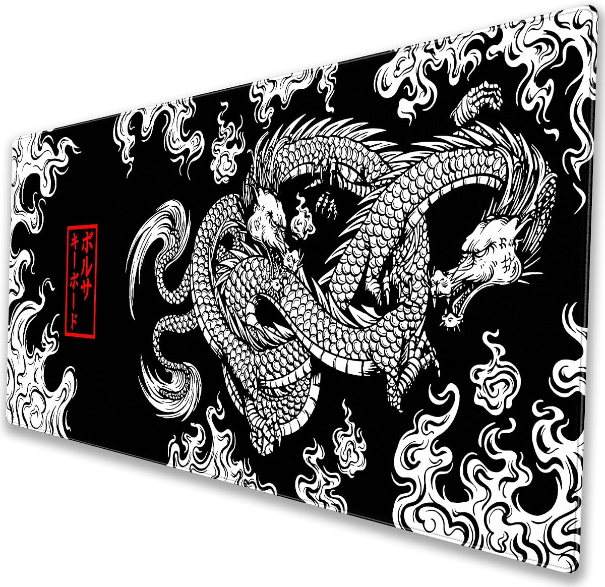 Alfombrilla de escritorio japonesa con dragón blanco y negro, alfombrilla de ratón grande para juegos XL | Estético tapete de escritorio tradicional con diseño de líneas de tatuaje con un grosor superior de 3 mm, deslizamientos sin costuras y base de goma antideslizante.