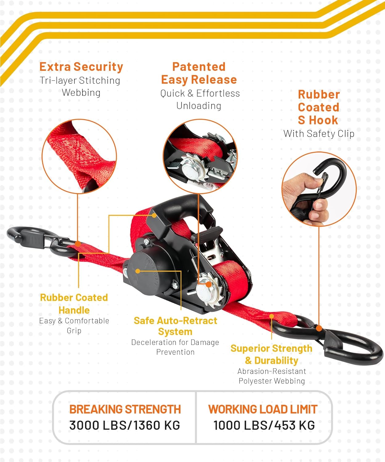 Strapinno Retractable Ratchet Straps - 1 in x 15 ft Heavy Duty Tie Downs, 3000lbs Breaking Strength, S Hooks with Safety Clip, Easily Store with AutoRetract, for Boat, ATV, Motorcycle, & Cargo (2PCS) - Image 2