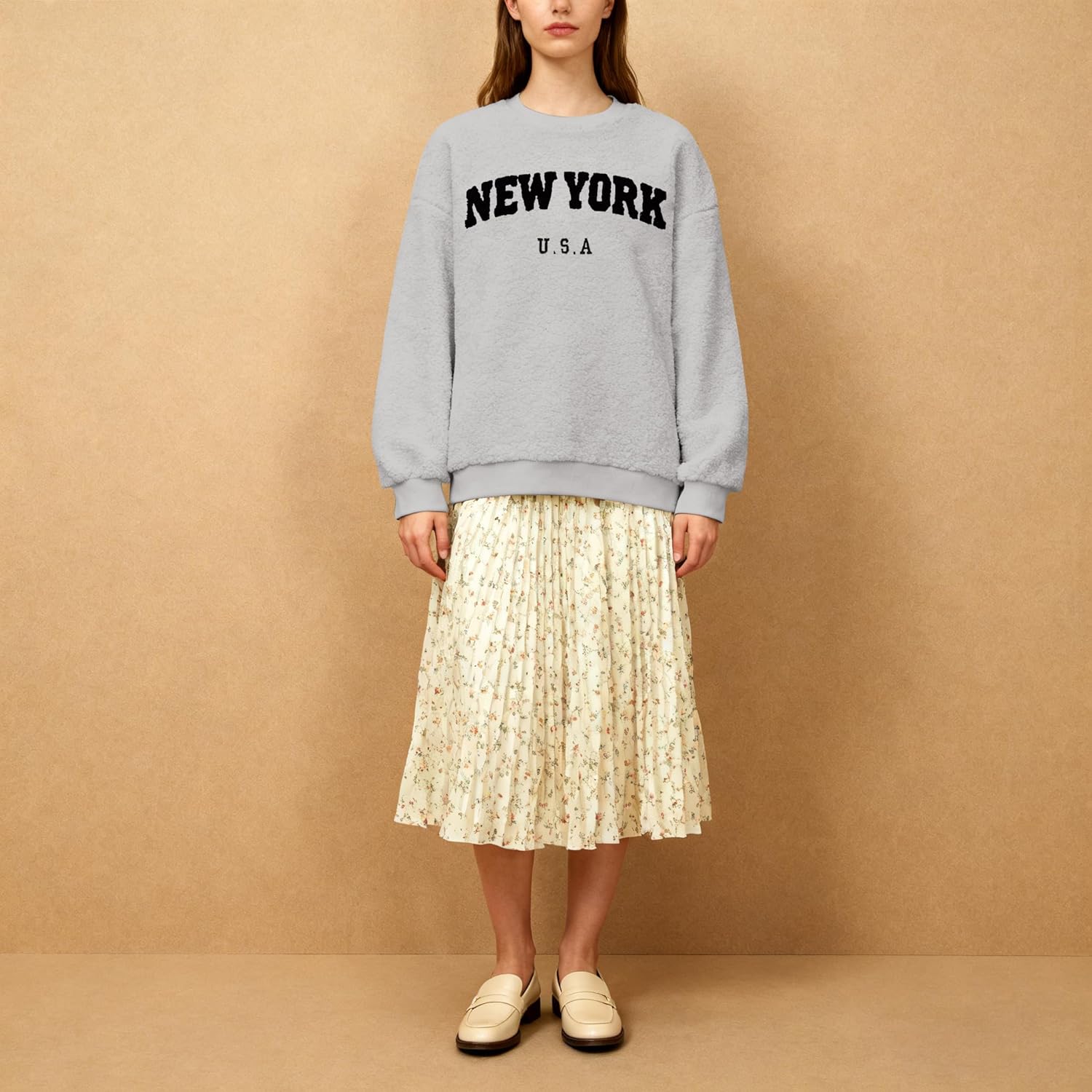 KIDDAD Womens New York Embroidered Sweatshirt Sherpa Crewneck Pullover Drop Shoulder sweatshirts Casual Long Sleeve Tops - Image 6