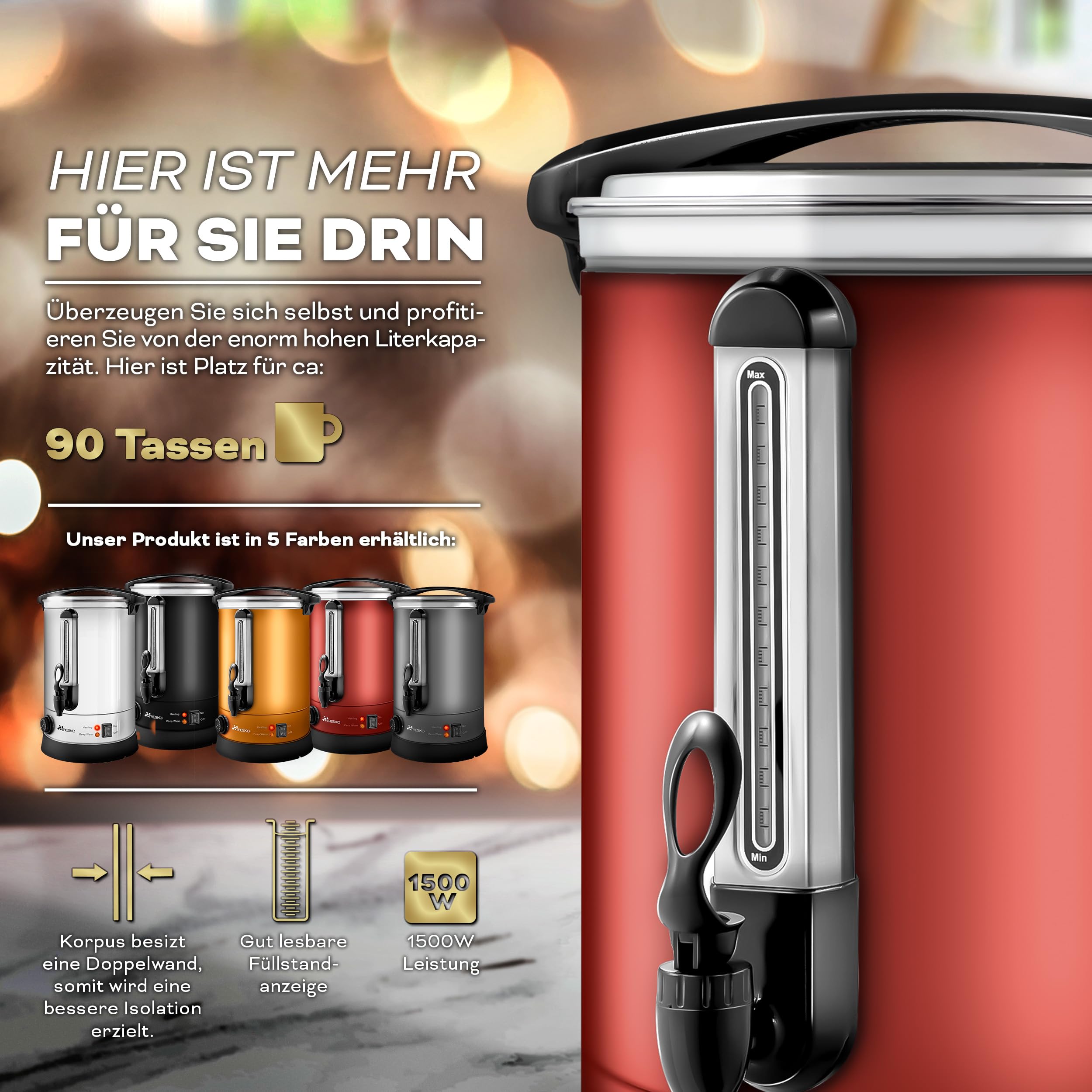 TRESKO® Bollitore per Vin Brulè 30L / 2500W Automatica da Cucina in Acciaio Inox Bollitore Vin Brulè Dispenser di Bevande Calde Distributore di Acqua Calda