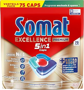 SOMAT Excellence Premium 5-in-1 Caps 75, Quick Dissolving Dishwasher Tablets with Extra Boost, Also in Low Temperature, Short and Eco Program, Remove Even 72 Hours Dried Food Scraps