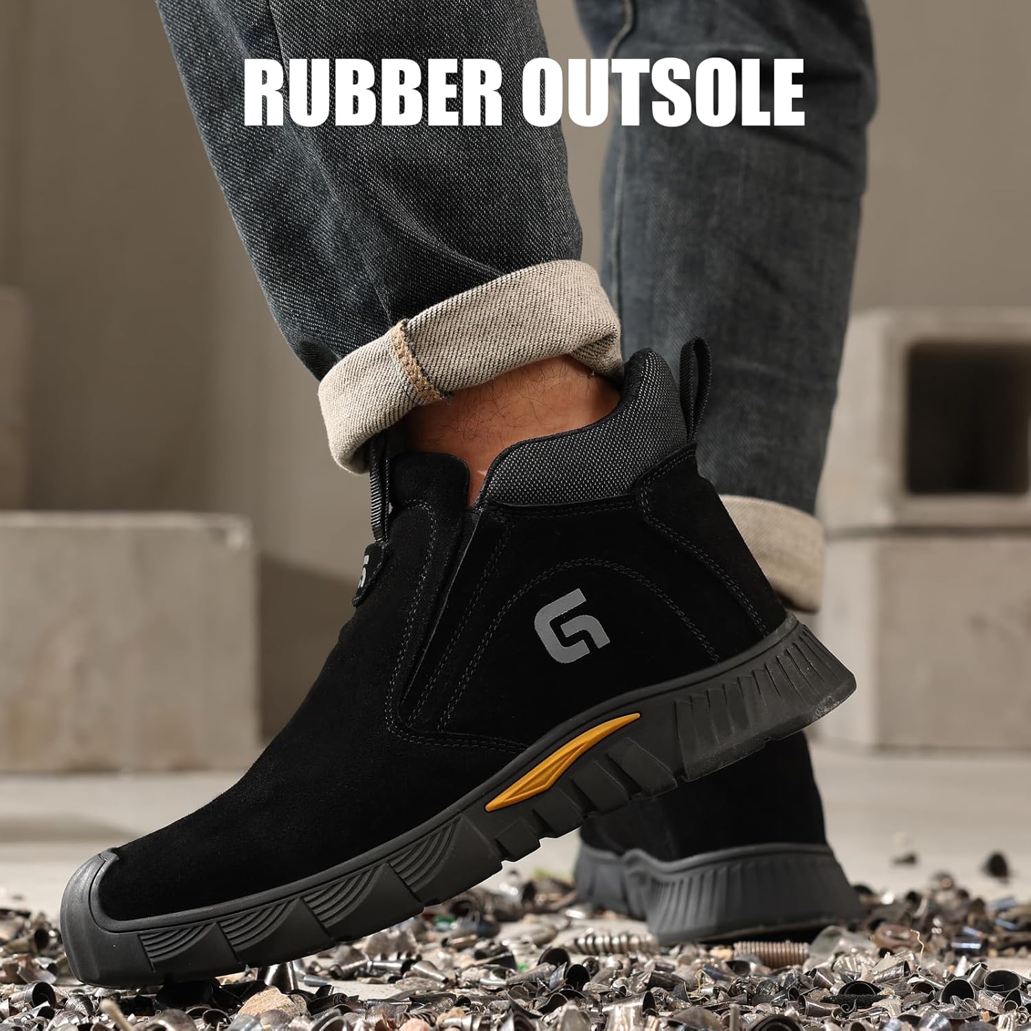 GLANOUDUN Mid Top Steel Toe Shoes Slip On Safety Toe Work Shoes for Men Spark-Resistant Suede Upper, Puncture Resistant Midsole, Laceless Black Protective Safety Footwear for Construction Welding