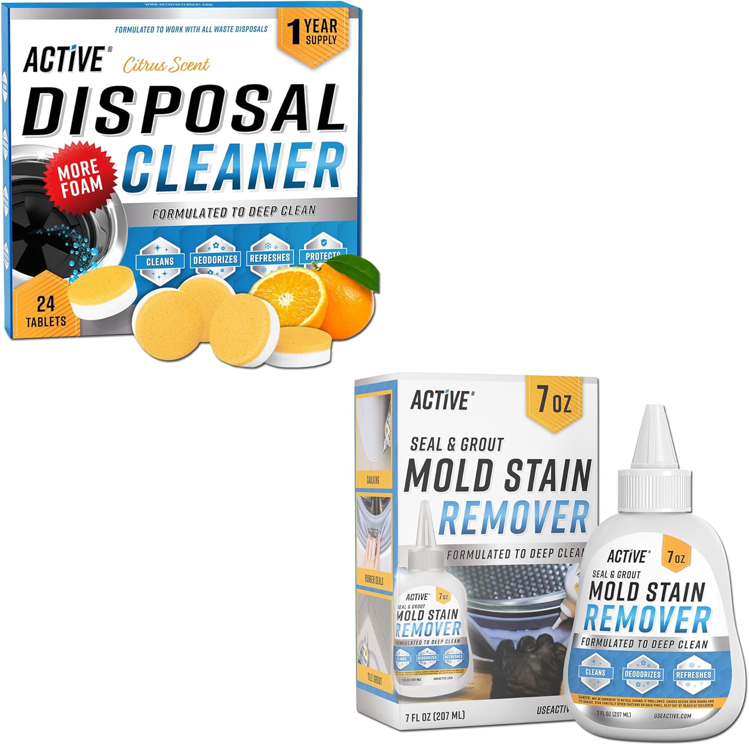 ACTIVE Disposal Cleaner and Mold Stain Remover Gel - Includes 24pk Disposal Cleaning Tablets and 7oz Mildew Stain Remover Gel