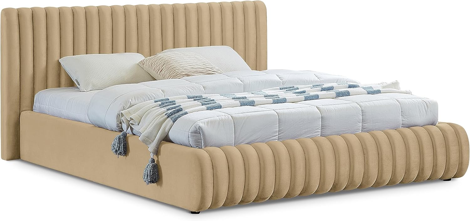 Meridian Furniture NicoCamel-Q Nico Collection Modern | Contemporary Velvet Upholstered Queen Bed with Rich Camel Velvet and Deep Channel Tufting, 74" W x 91" D x 38" H, Camel, Queen