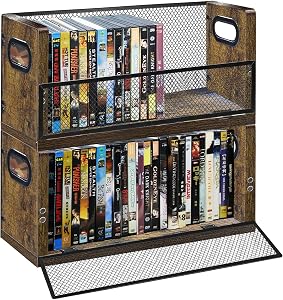 DVD Storage Rack 2 Pack, Stackable Media Organizer Holds 56 DVDs or 64 Blu ray Cases, Shelf with Magnetic Door for Video Games and CDs