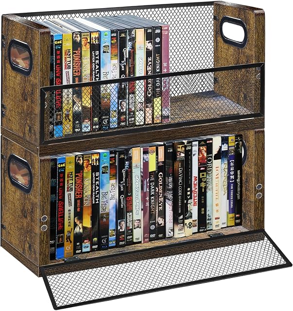 DVD Storage Rack 2 Pack, Stackable Media Organizer Holds 56 DVDs or 64 Blu ray Cases, Shelf with Magnetic Door for Video Games and CDs