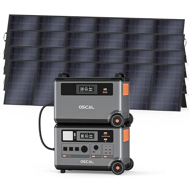 OSCAL 7200Wh Portable Power Station PowerMax 6000 with 4x500W Solar Panel 120 240V Solar Generator Max 6000W AC