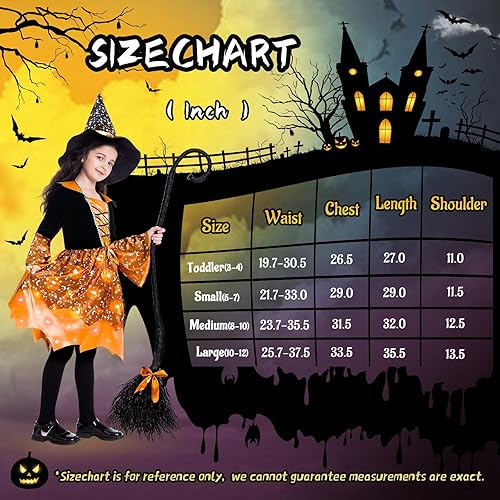 Miniatura 9 de Poshetion Disfraz de bruja iluminada para niñas, disfraces de bruja de Halloween con escoba de bruja, sombrero para regalo de fiesta de Halloween