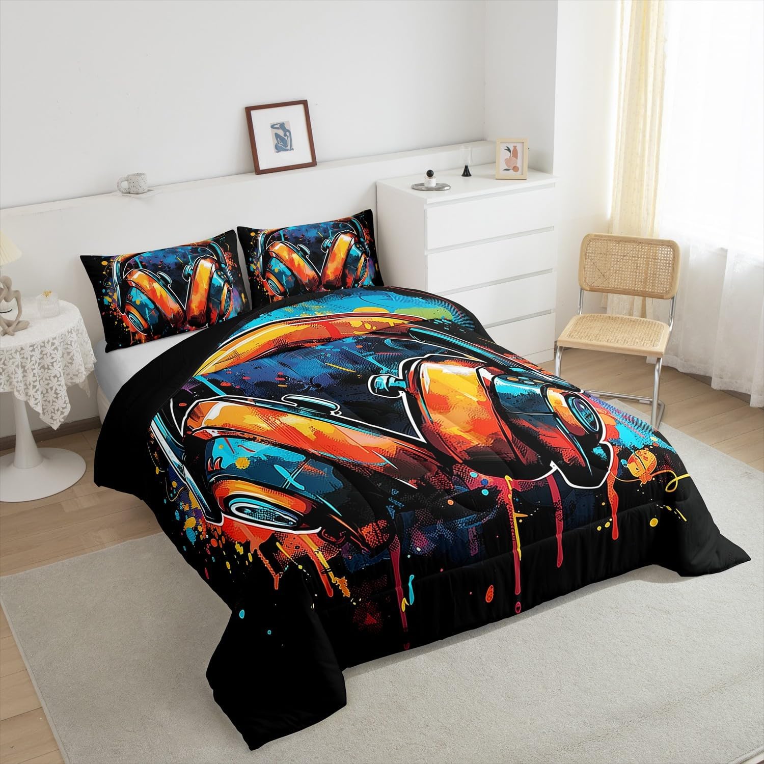 Erosebridal Headphones Queen Bedding Set,Music Theme Headphone Comforter Set for Kids Boys Girls,Musical Quilt Bed Set Grunge Colorful Graffiti Bedding Comforter Sets,2 Pillowcases Room Decor