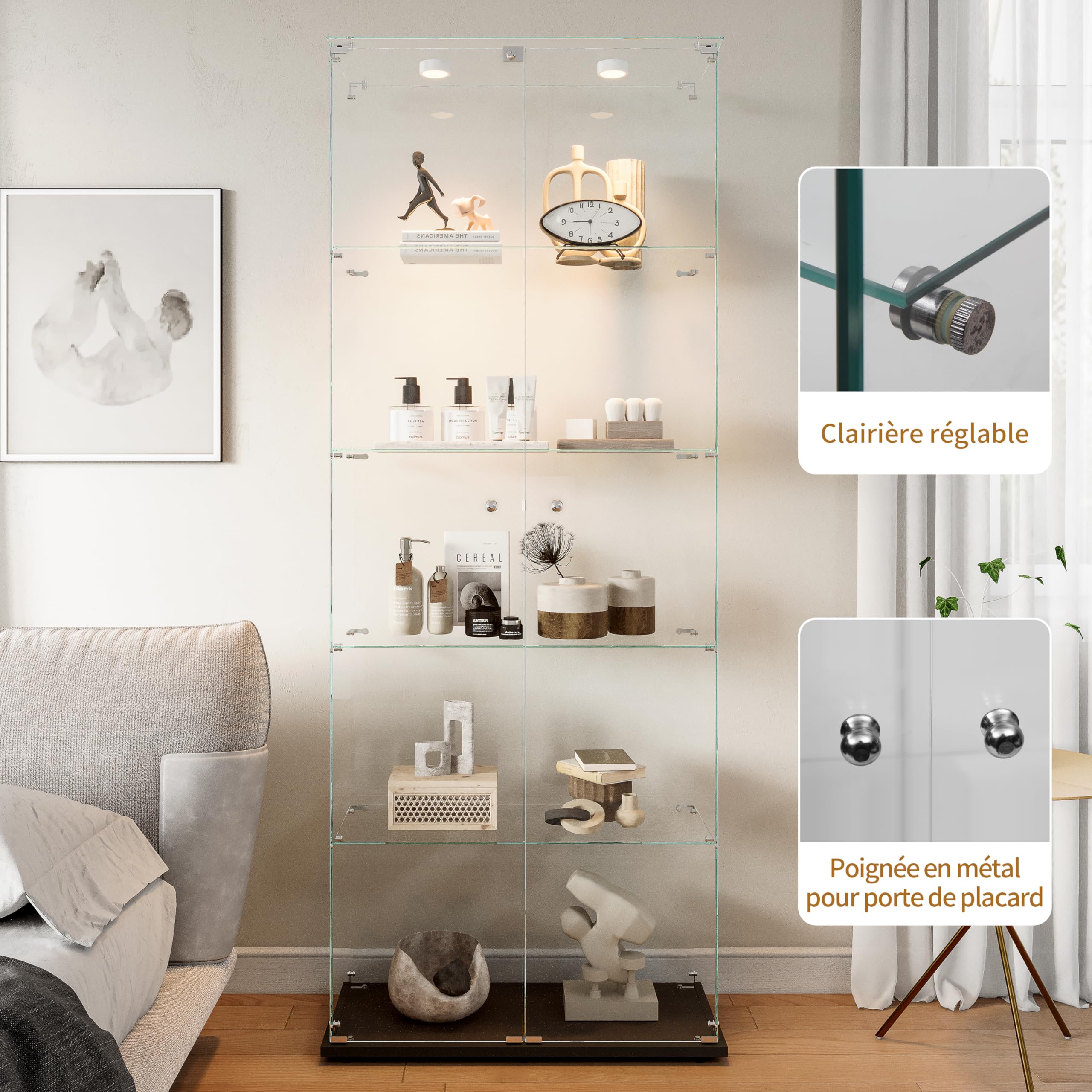 Vitrina de cristal con 2 puertas 5 estantería, mueble vitrina de cristal LED con cerradura, armario de cristal, vitrina de cristal con portavitrinas a pie para colecciónescaparate columna