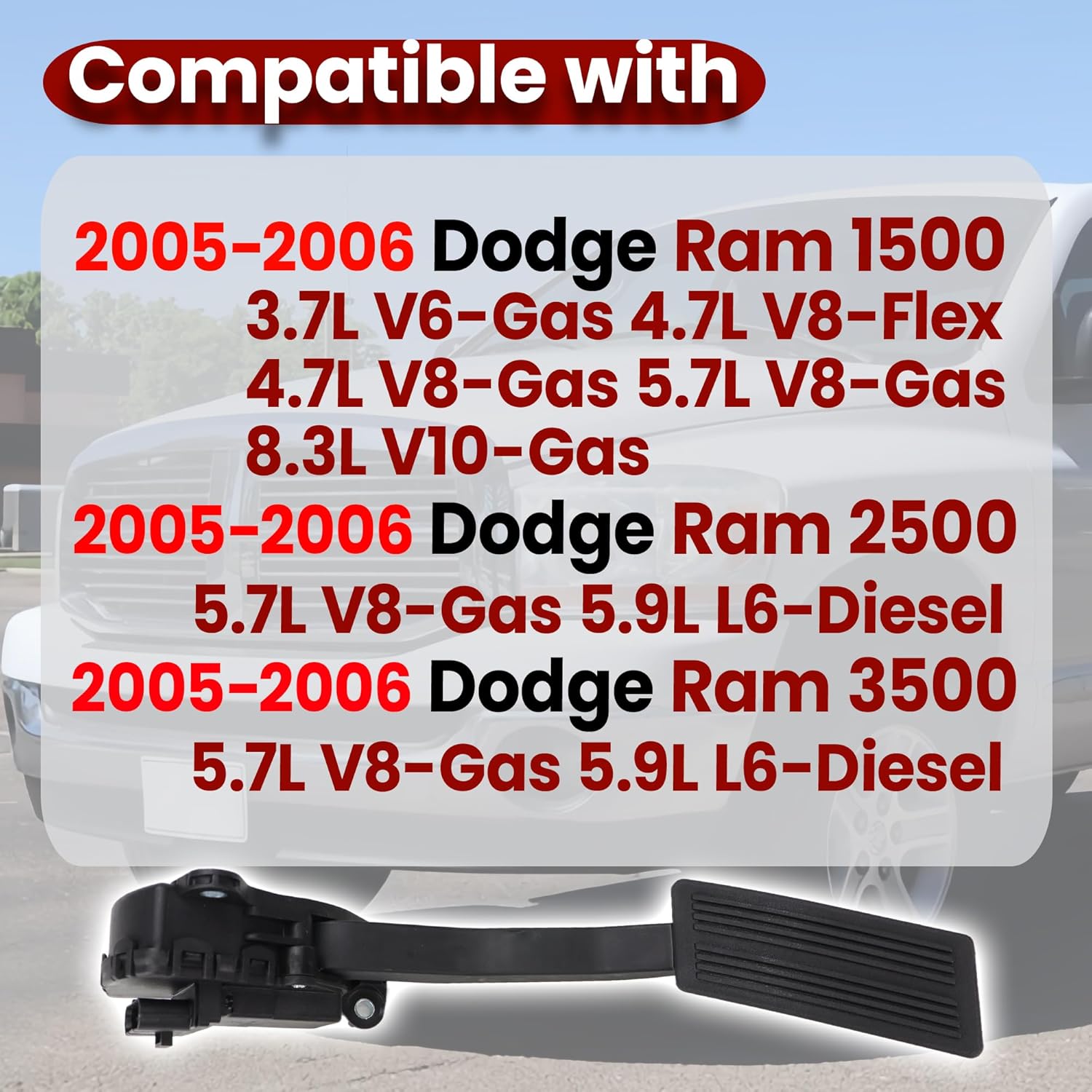 Accelerator Gas Pedal Position Sensor Assembly Throttle Pedal Compatible with Dodge Ram 1500 3.7L 4.7L 5.7L 8.3L 2500 4.7L 5.7L 3500 5.7L 2005 2006 53032753AC