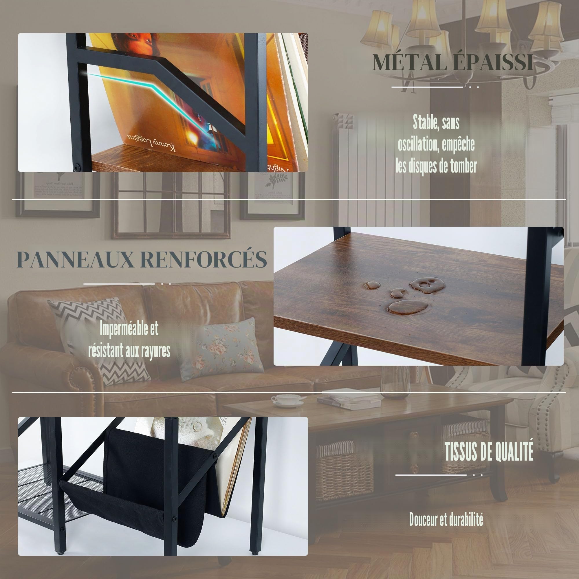 Support de disques vinyle à 3 niveaux, grand plateau tournant noir pouvant contenir jusqu'à 150 albums, armoire stéréo de rangement et étagère de table pour chambre