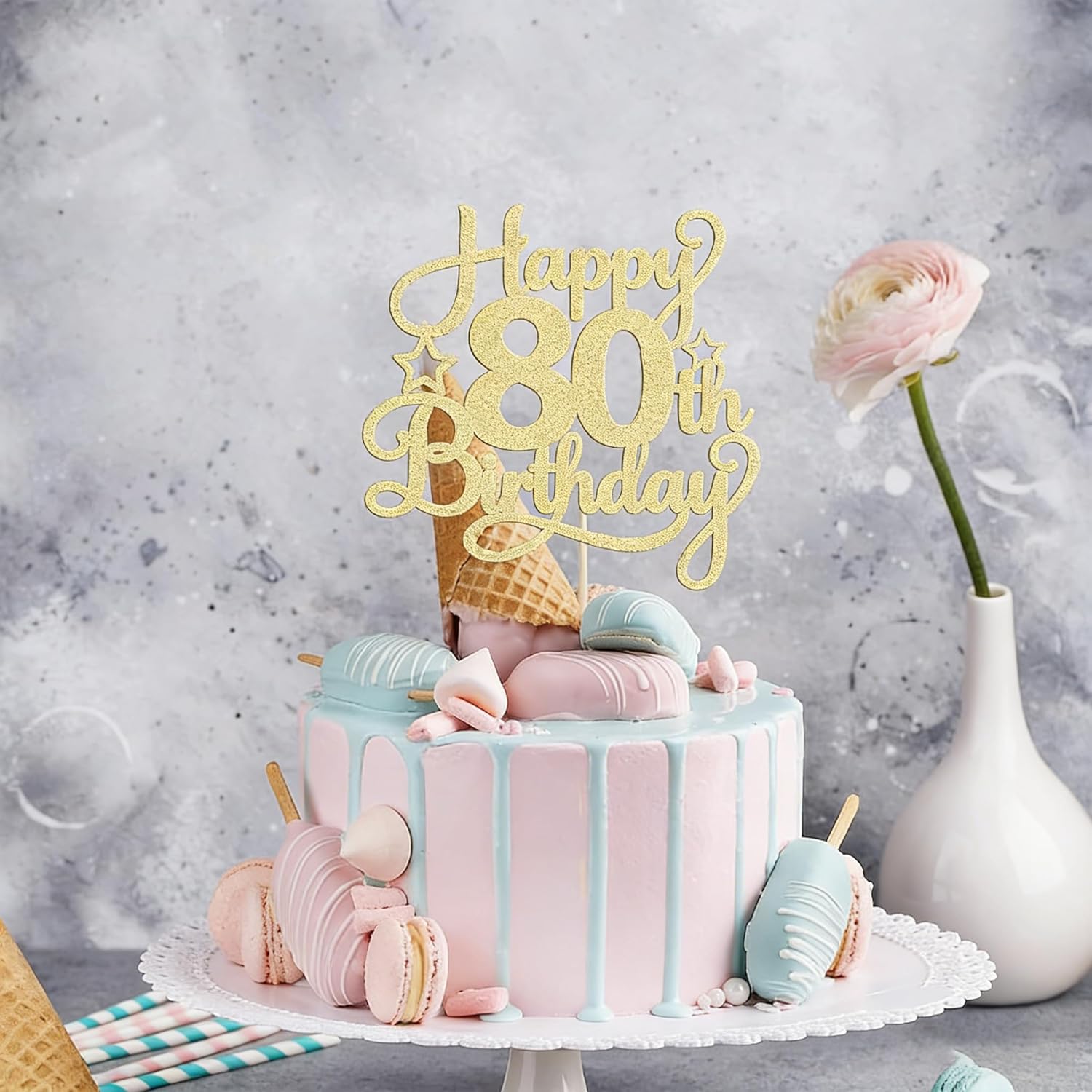 "80th Birthday Cake Topper Gold - Elegant Happy 80th Cake Decorations with Food Safe Material & Easy Install Stick - Non-Edible Cake Topper for Women Men"