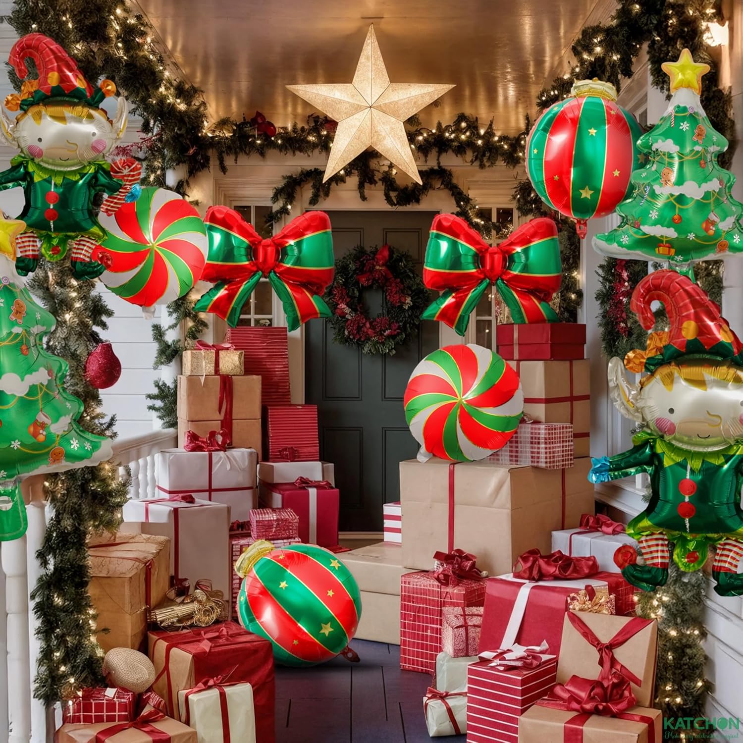 KatchOn, 25 Inch Large Christmas Balloons Decorations Set - Pack of 10 | Green and Red Christmas Decorations Indoor | Xmas Tree Bow Balloons and Elf Balloon for Winter Decoration | Holiday Decor