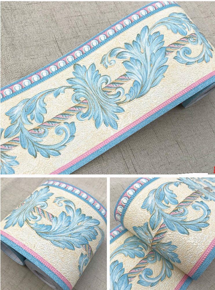 Amhao Light Blue 3D Flower Wallpaper Wall Border Self Adhesive Paper for Kitchen Bathroom Tiles Sticker 4.1inch by 16.4ft