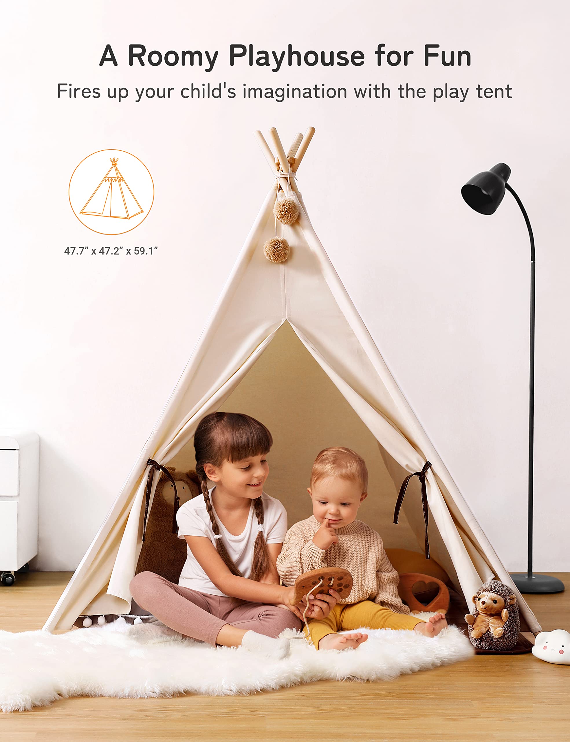 besrey Tenda per Bambini da Gioco in Tela Indiana Teepee in Cotone con Tappetino Imbottito e Luci Fatate (Avorio)