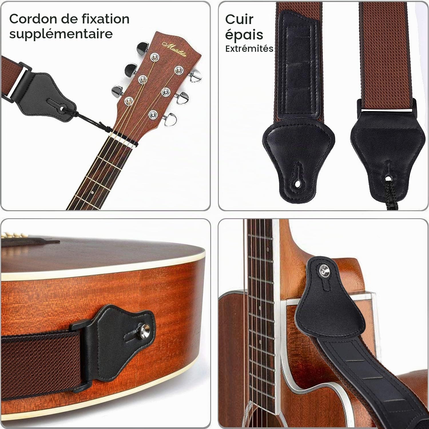 Sangle de Guitare Réglable en Coton - Bandoulière Confortable Avec 3 Porte-médiators pour Guitare Folk, Acoustique, Électrique et Basse (Marron)