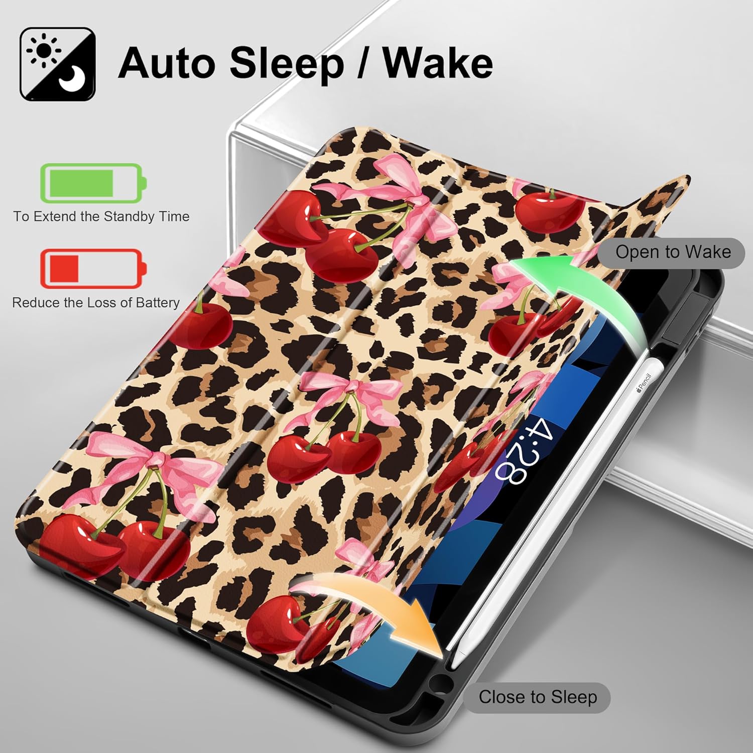 May Chen Case for iPad Air 11 inch (M3 2025/M2 2024) 7th/6th Gen/iPad Air 10.9 inch 5th/4th Gen, 2022 2020 Release with Pencel Hodel, Trifold Stand Auto Wake/Sleep Stand Back Cover, Cherry&Cheetah - Image 3