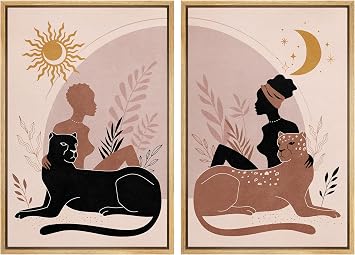 MUDECOR Framed Canvas Print Wall Art Mid-Century Women with Jungle Cats Abstract Nature Illustrations Modern Art Decorative Bohemian Multicolor Geometric Minimalism for Bedroom - 16"x24"x2 Natural