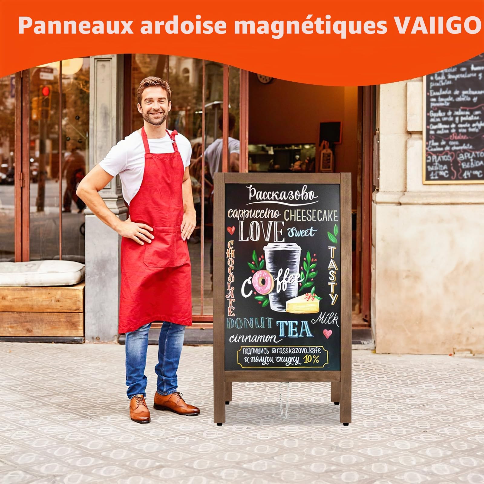 Chevalet Publicitaire Extérieur 105x45cm Tableau Noir Magnétique Double Face Grand Panneau, Tableau à Craie Stop Trottoir, Chevalet Bois Pour Pour Menu Sandwich Restaurant, Bar, Fête, Commerce