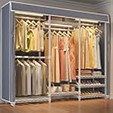VIPEK V5LC Garment Rack Heavy Duty Covered Clothes Rack with Dimmable LED Lights, 3000K Warm White, Portable Closet Wardrobe Freestanding Clothing Racks for Hanging Clothes, White Rack with Grey Cover