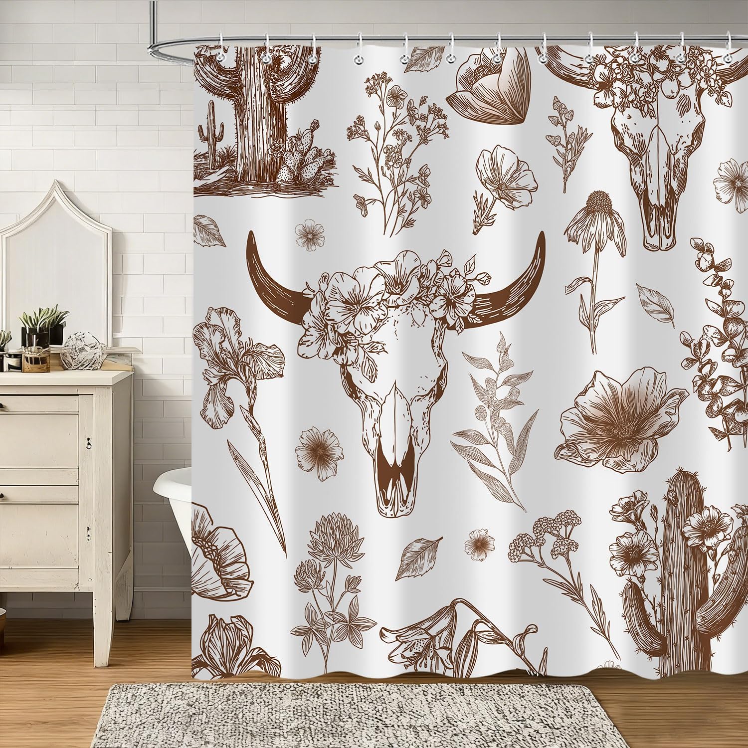 Western Cow Skull Shower Curtain, Brown Rustic Country Farmhouse Tribal Abstract Wildflower Shower Curtains, West Desert Cactus Plant Cow Print Bathroom Curtain Decor with Hooks 72Wx84H