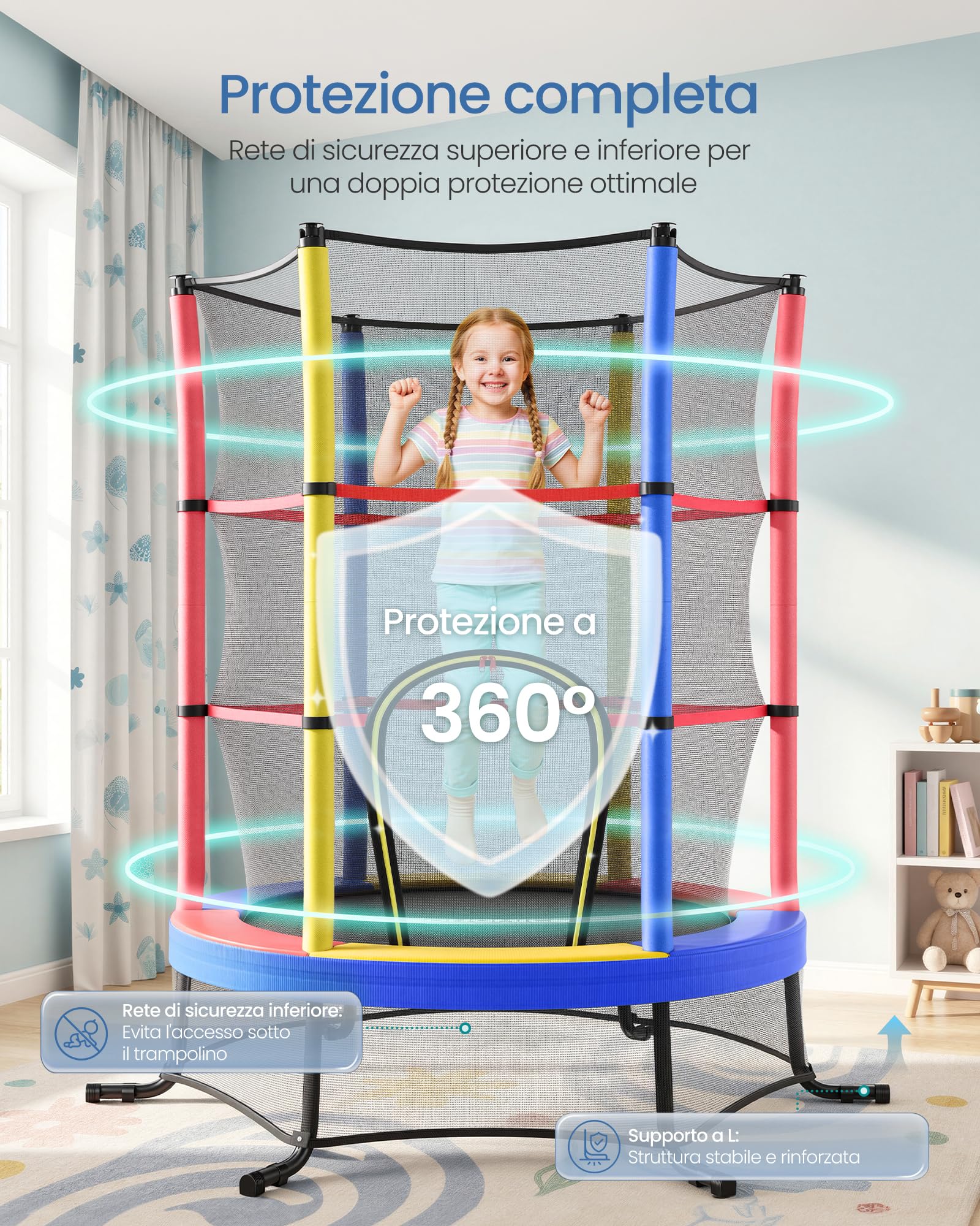 SONGMICS Trampolino per Bambini, Diametro 174 cm, con Recinto di Protezione, Tappeto di Sicurezza, Trampolino Fitness, Telaio in Acciaio, per Interni, Esterni, Giardino