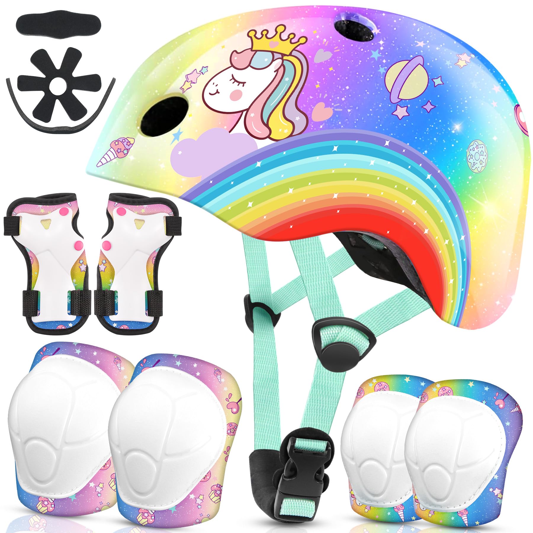 Vvinca Kids Toddlers Bike Helmet Adjustable for Ages 3-5-8 Years, Knee Pads and Elbow Pads Set Wrist Guard Sports Protective Gear Set for Roller Skate Bicycle Skateboard Scooter Girls Birthday Gift