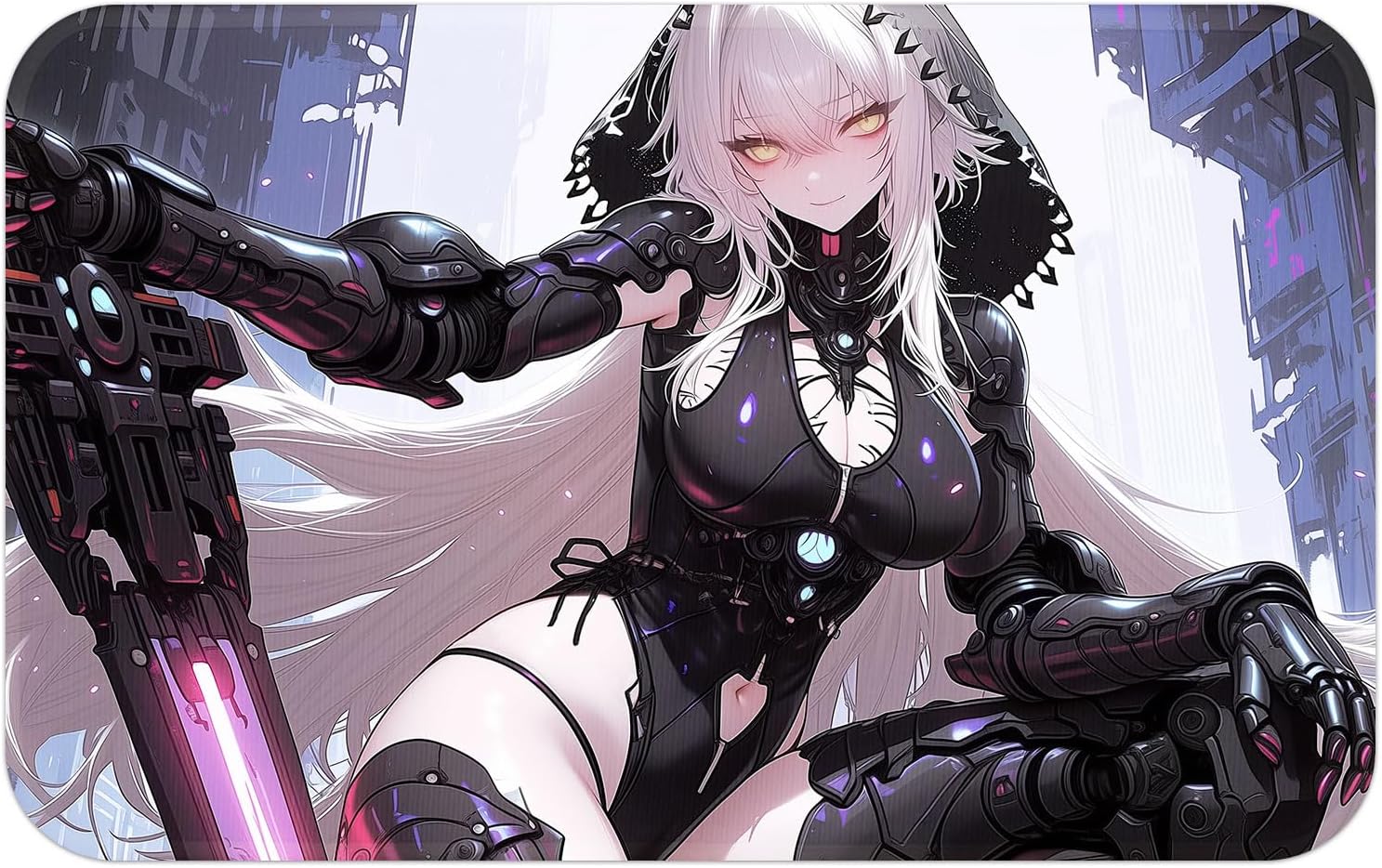 Cyberpunk Balck Knight Anime Waifu Floor Mat, Dark Fantasy White Hair Anime Warrior Area Rug, Non-Slip Gaming Battle Station Decor, Bedroom Runner, Sci-Fi Game Room Decor (32" x 20")