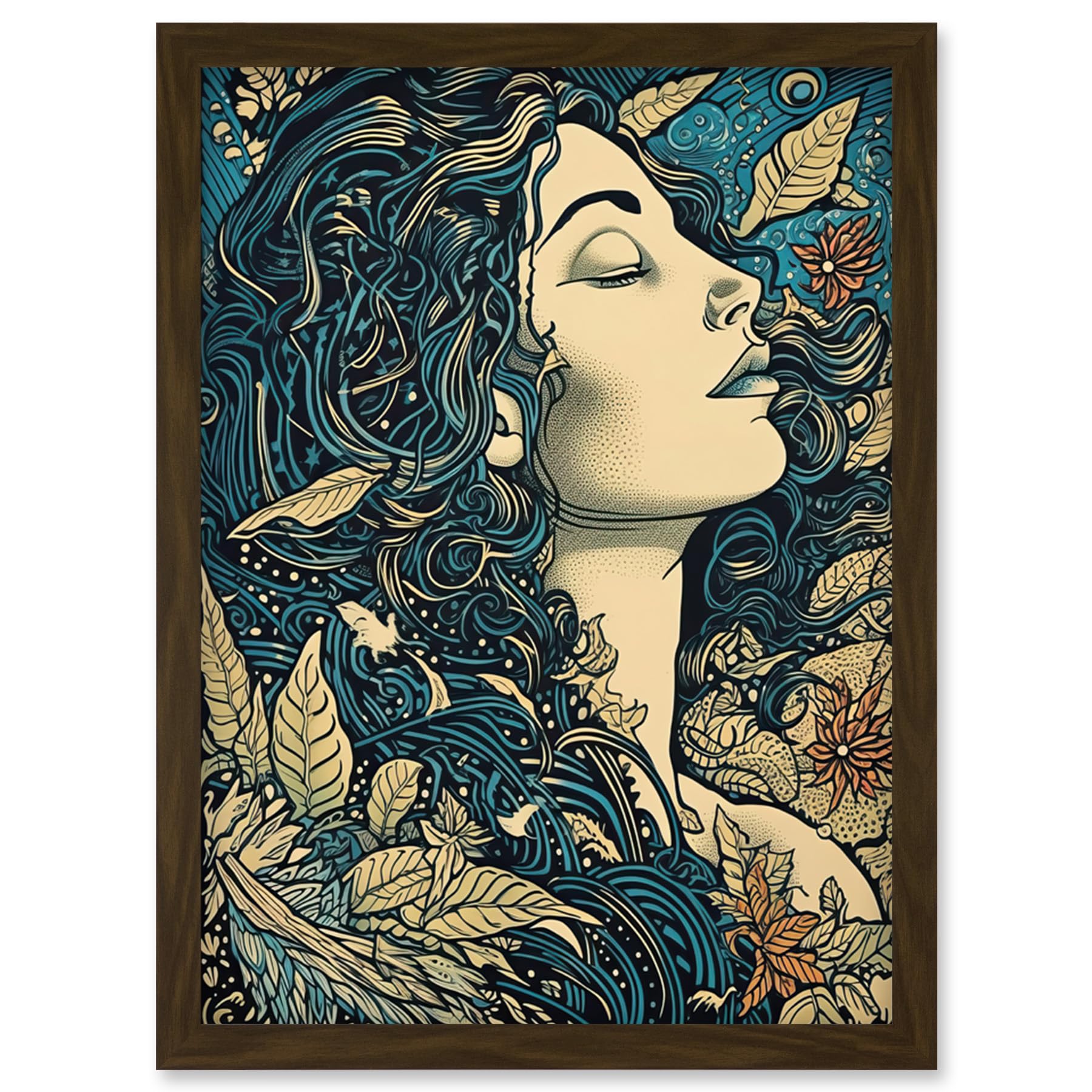 Artery8 Mother Nature Modern Boho Art Nouveau Linocut Artwork Framed Wall Art Print A4