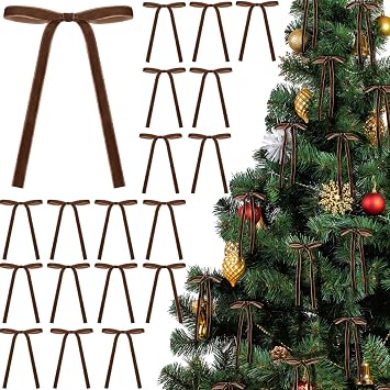 24 Pcs Velvet Bows for Christmas Tree Vintage Ribbon Bows for Crafts Garland Home Coquette Wedding Birthday Decor5 x 7 Inch, Width of 3/8",Brown