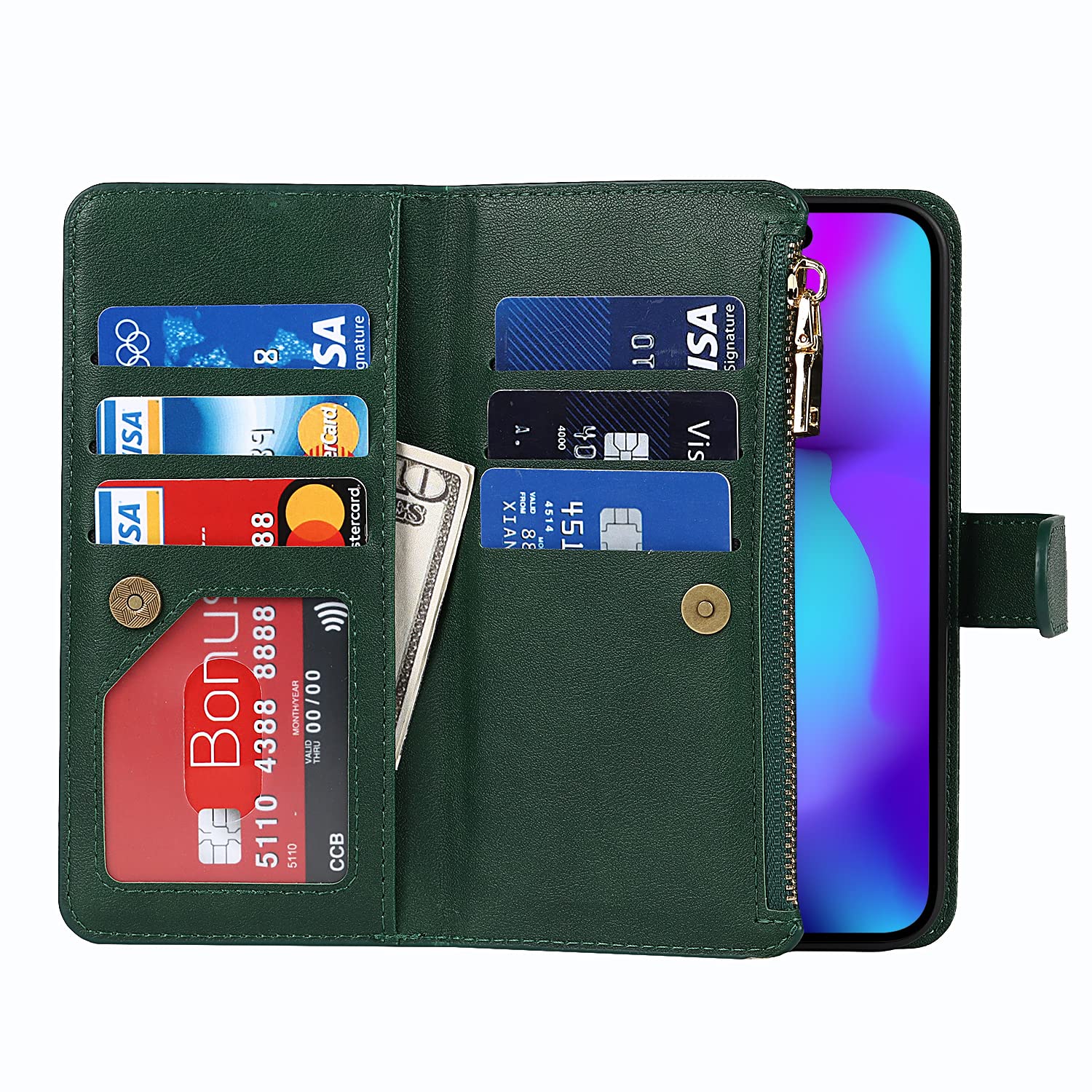 Étui Portefeuille Avec Cordon Pour IPhone 17 Pro - Cuir, 12 Porte-cartes, Double Fermeture, Couleur Vert Foncé