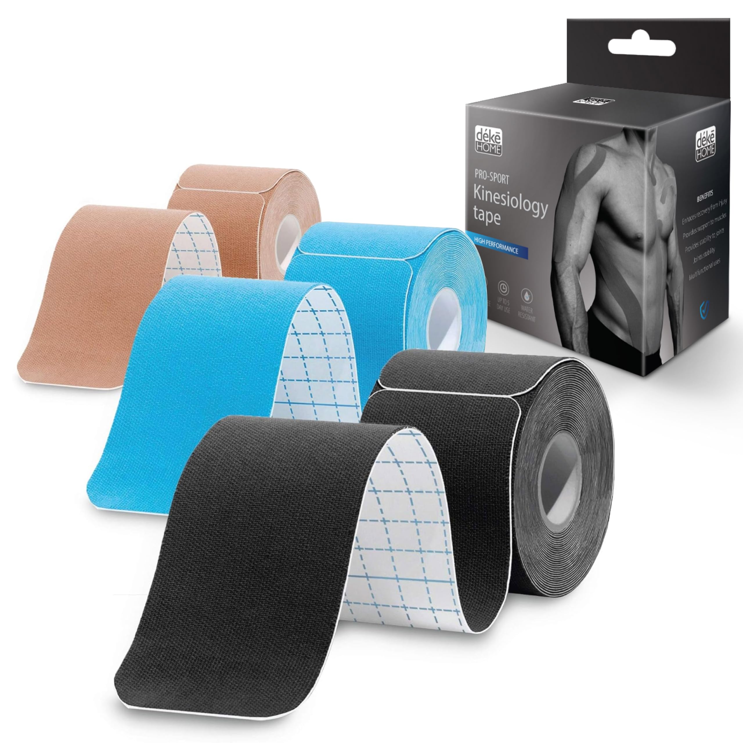 Deke Home - Kinesiology Tape Precut Strips (3 Pack), 20 Strong Adhesive 10in Elastic Strips, Waterproof Athletic Tape for Injuries, Knee, Ankle, Muscle, Joint, Latex-Free