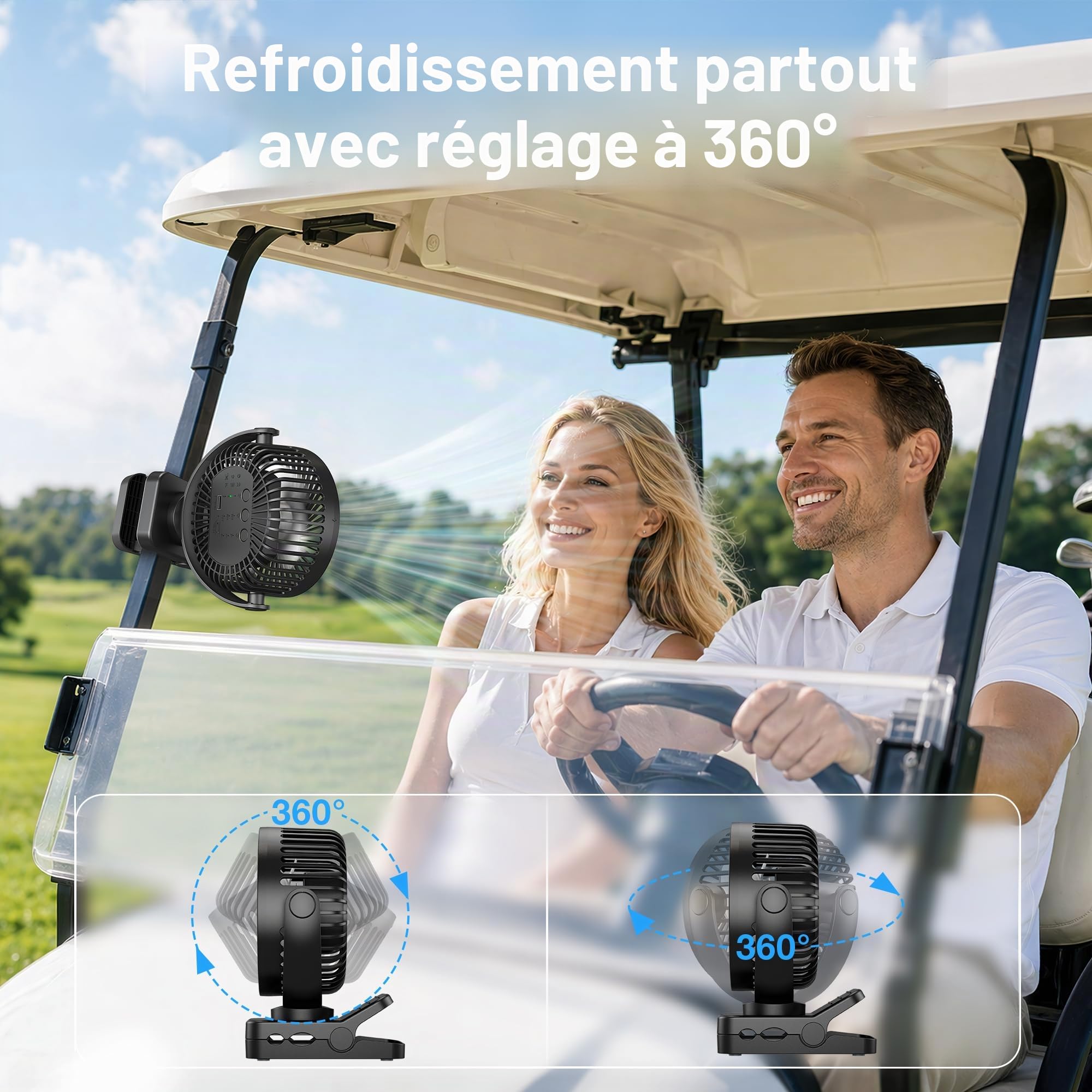 USB Ventilateur Table de 12000mAh 4-en-1 Ventilateur Portable avec Télécommande 3 Vitesses Lumière LED Minuterie 360° Rotation, Ventilateur Pince pour Camping Cuisine Bureau Poussette, Noir