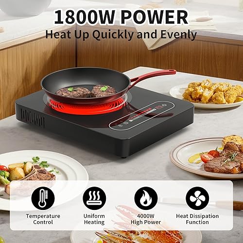 Miniatura 8 de VBGK Cocina eléctrica de un solo quemador, estufa de 110 V 1800 W con control táctil LED, 9 niveles de potencia, temporizador, bloqueo de seguridad,