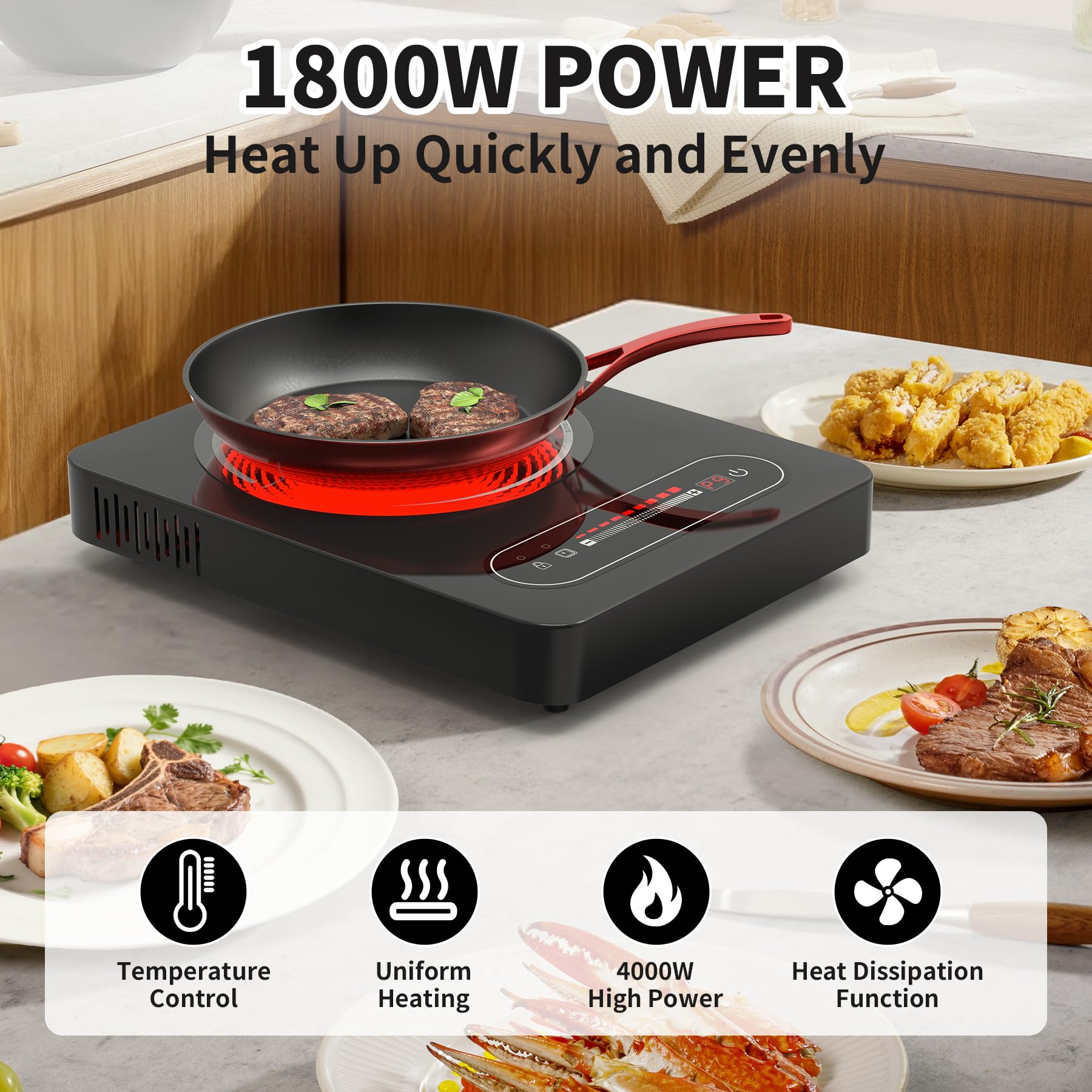 Single Burner Electric Cooktop,110V 1800W Stove Top with LED Touch Control,9 Power Levels, Timer, Safety Lock,single Electric burner Overheat protection 5