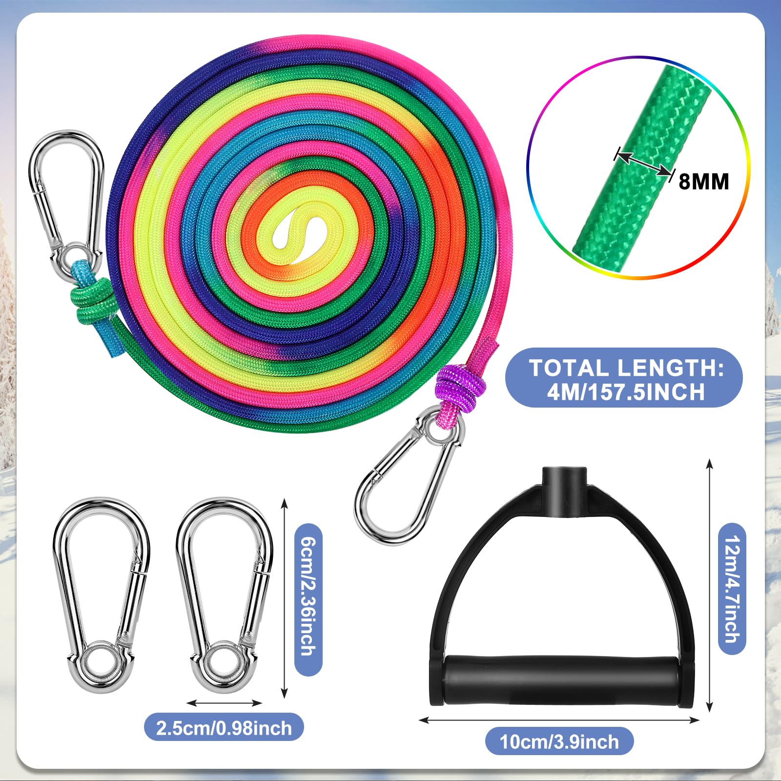 Cuerda Trineo 4m con Mango, Cuerda de Tracción 8mm con 2 Mosquetones Premium